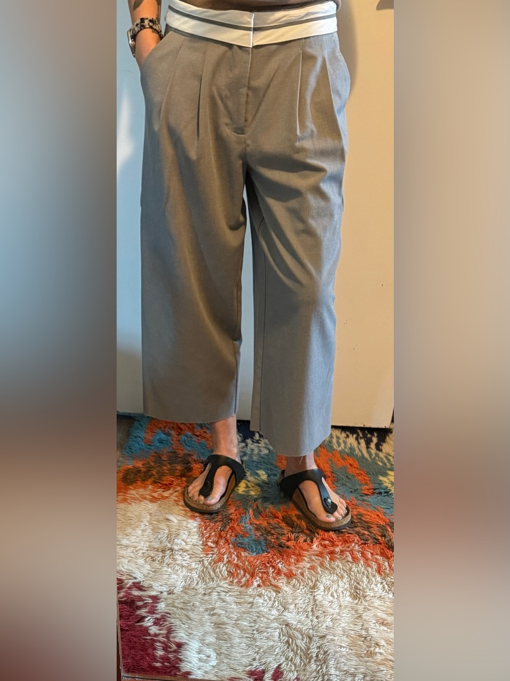 Gray Pleated Wide-Leg Women's Trousers
